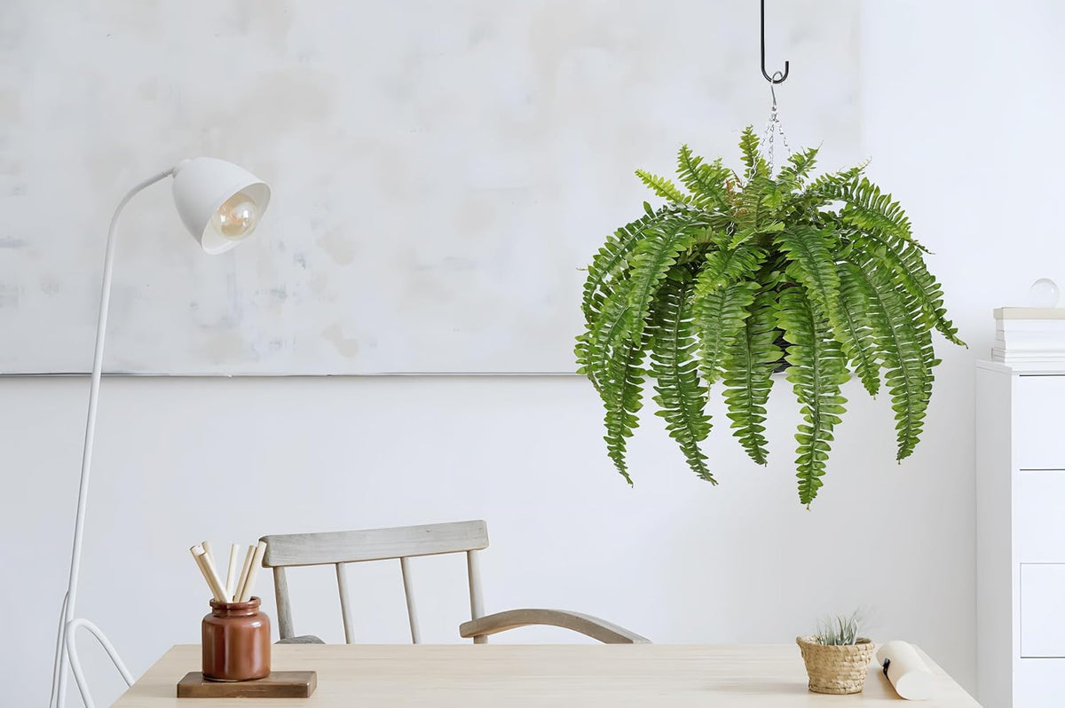 Hollyone 33" Artificial Boston Fern Hanging Basket Large 39 Leaves Fake Ferns in Rattan Pot Greenery Plants for Outdoors & Indoor Faux Fern Bush Basket Plant Patio Garden Home Decor Green