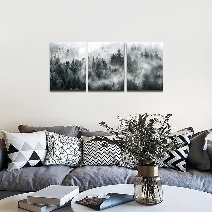 Canvas Wall Art For Living Room Modern Wall Decorations For Bedroom Foggy Forest Trees Landscape Wall Painting Office Wall Decor Canvas Prints Home Decor Ready To Hang Wall Pictures 16"X24"X3 Panels
