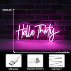 Pink Hello Thirty Neon Sign for Wall - 30th Birthday Gifts for Women Party Photo Background - Hanging Light for Wedding Anniversary Party Decor