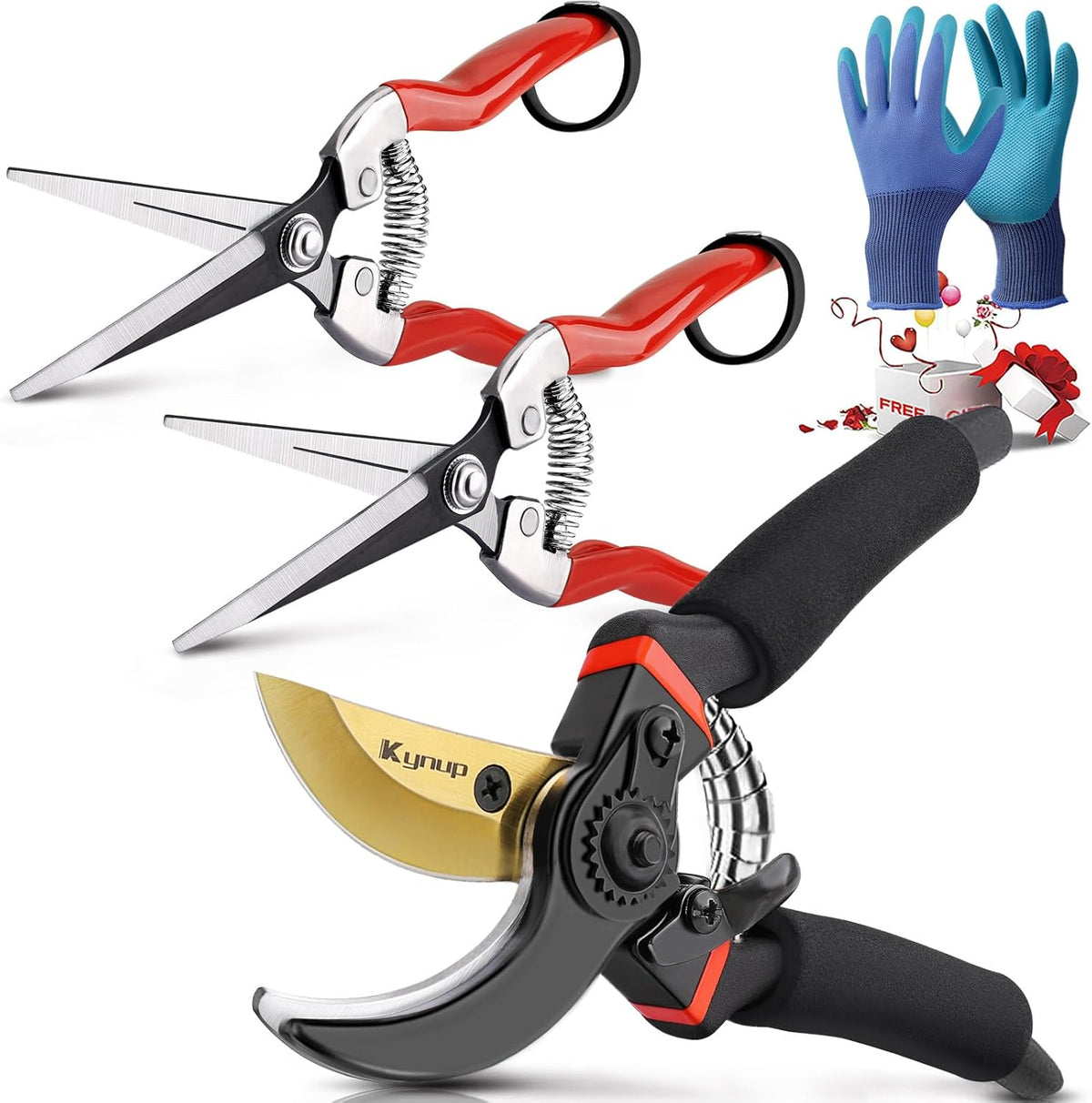 Kynup 3Pack Pruning Shears, Garden Shears, Pruning Shears for Gardening, Gardening Shears Scissors Clippers, Garden Tools Set with Gloves, Stainless Steel, Soft Grip Handle