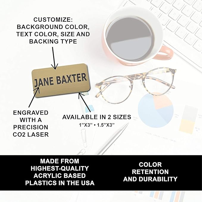Custom Engraved Name Tag Badges – Personalized Identification with Pin or Magnetic Backing, 1.5 Inches x 3 Inches, Almond/Black