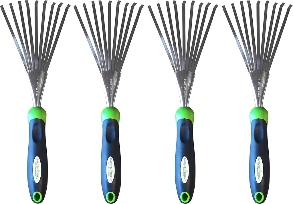 Garden Guru Stainless Steel Hand Rake Soil Tiller with Ergonomic Handle, Great for Gardening, Cultivating, Loosening Soil & Spreading Mulch (4 Pack)