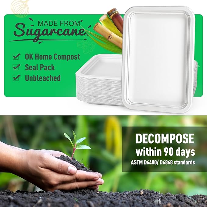 Gezond 50 Pack 14 Inch Disposable Food Trays Eco-friendly Heavy-Duty Large Paper Plates Compostable Sugarcane Platters for Crawfish, BBQ, Seafood Boil Party Supplies White