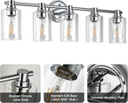 Bathroom Light Fixtures Wall Sconce Light with Clear Glass Chrome 5 Lights Bathroom Lighting Over Mirror Vanity Lights for Living Room,Bedroom,Restroom,Hallway E26 Base