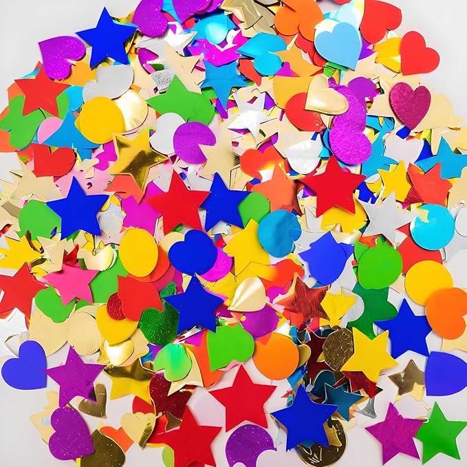 100g (3.53OZ) Rainbow Foil Confetti - Assorted Round, Heart & Star Shaped Table Confetti for Festive Celebrations