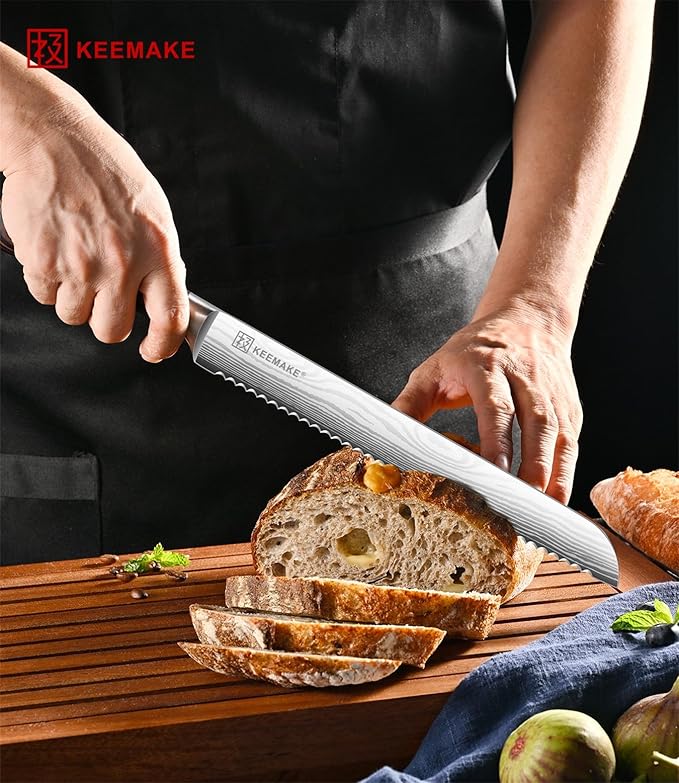 Serrated Bread Knife, KEEMAKE10 inch Ultra Sharp Serrated Bread Slicer for Homemade Bread Cake Bagels Cutting Less Crumbs - High Carbon Stainless Steel Cake Slicer with Ergonomic Wood Handle, Gift Box
