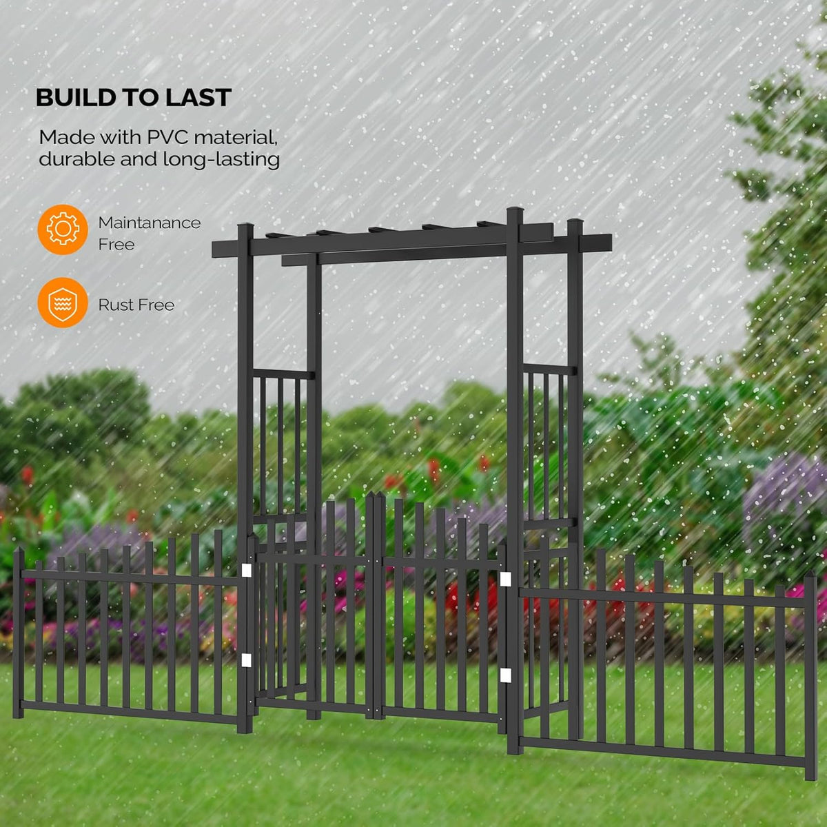 VINGLI Garden Arbor with Gate and Fence, PVC Wedding Arch for Ceremony Party, Garden Trellis for Climbing Plants Outdoor, Arch Backdrop Stand for Garden, Backyard, Lawn, Wedding (Black)