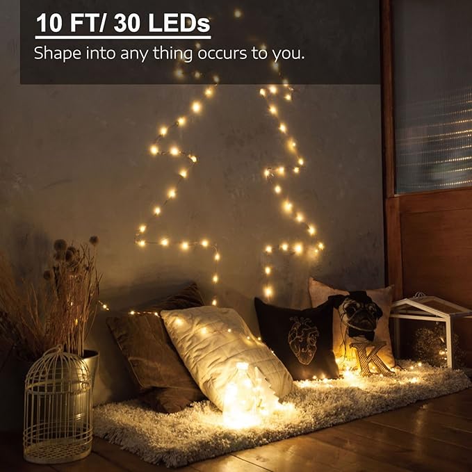 3 Pack Rechargeable String Fairy Lights 10ft 30 LED, 4 Modes Copper Wire Christmas Starry Lighting, Waterproof Micro Firefly Moon Light, Warm White, Battery and USB Cable Included