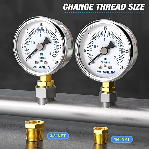 MEANLIN MEASURE 0~30Psi Dry Low Pressure Gauge Stainless Steel 1/8" NPT 2" FACE DIAL Waterproof for Pool Sand Filter Water Oil Air Pressure Test Lower Mount, with 1/4" NPT and 3/8" NPT Hex Bushing