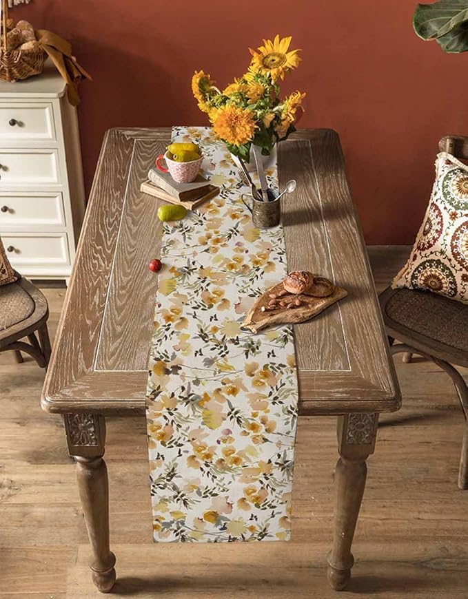 Vintage Orange Flower Cotton Linen Table Runner for Dining Kitchen, Wedding Outdoor Party Tablerunners Decoration, Farmhouse Botanical Floral Retro Dresser Scarf Coffee Tablecloth Runners 13x60 Inches