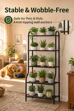 Yutrchey 5-Tier Metal Plant Stand - Heavy Duty Indoor Outdoor Flower Shelf for Multiple Pots, 65" Tall Vertical Holder with Adjustable Leveling Feet & Wall-Fixing Kits, Black