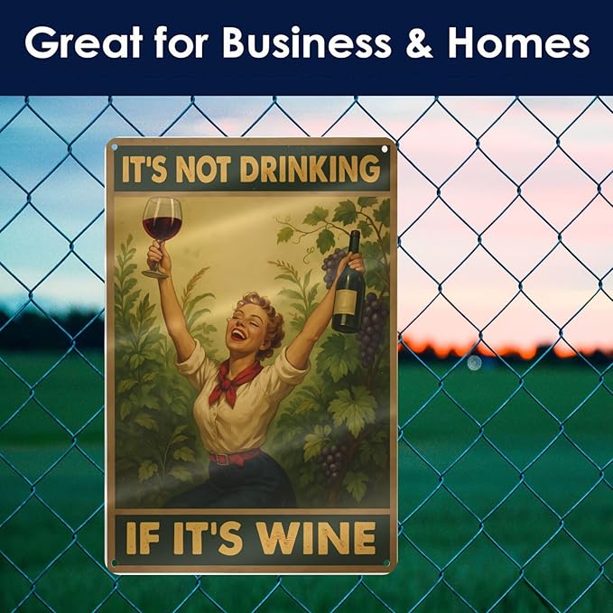 Funny Wine Aluminum Sign - "It's Not Drinking If It's Wine" - Vintage Metal Wall Decor for Bar, Kitchen, or Home - 8"x12"