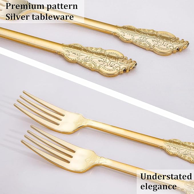 WDF 100 Piece Gold Forks Disposable - 7.48 Inch Gold Plastic Forks - Baroque Plastic Silverware for Dessert Cake - Heavy Duty Thanksgiving for Party, Wedding or Daily Using