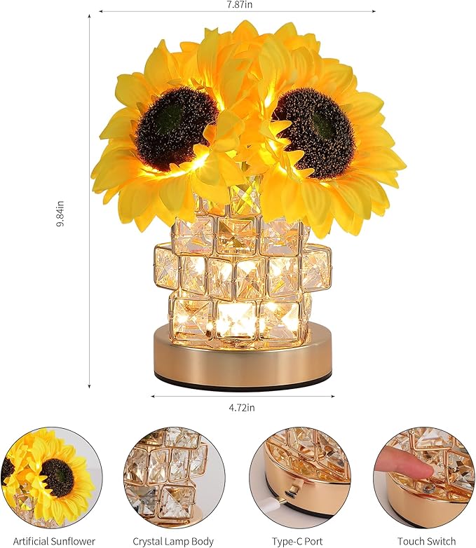 Sunflowers Lamp,Rechargeable Cordless Touch Lamp,3-Colour Infinitely Dimming Small Night Light,Crystal Table Lamp for Home Decor/Restaurant/Bar/Coffee Shop,Gifts for Women/Mom