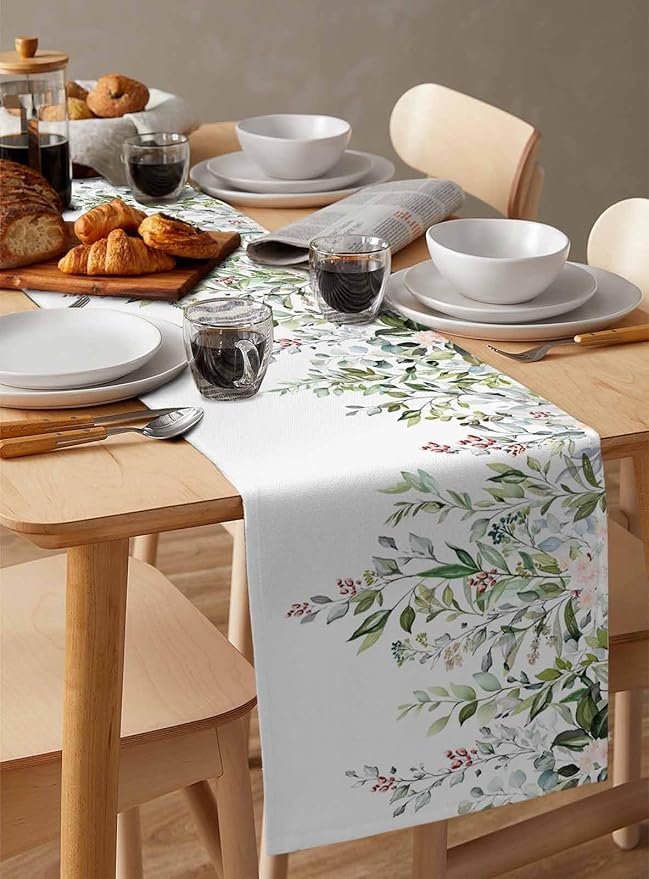 Botanical Eucalyptus Cotton Linen Table Runner for Dining Kitchen, Wedding Outdoor Party Tablerunners Decoration, Sage Green Leaves Elegant Floral Dresser Scarf Coffee Tablecloth Runners 13x90 Inches
