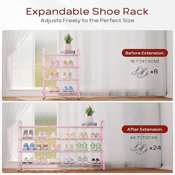 Bumusty 4-Tier Long Expandable Shoe Rack for Closet, 18"-44" Adjustable Shoe Rack for Entryway, 20-24Pairs Large Shoe Organizer Shelf Storage, Sturdy Metal, Black