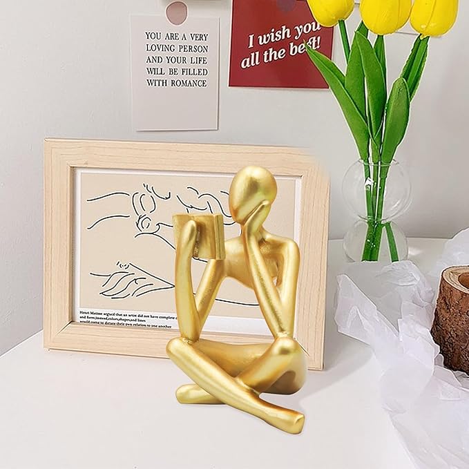 Bookshelf Decor, Golden Reading Thinker Sculpture Figurine, Coffee Table Decor, Entry Way Table Home Decor, Decorative Statue for Living Room, Office, Bedroom, Gift