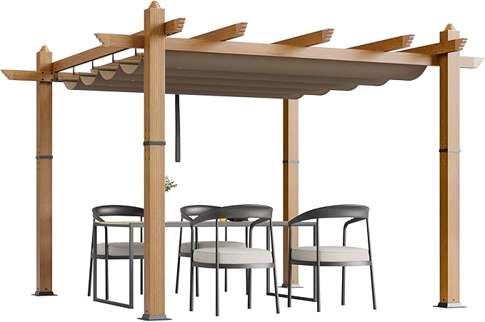 10x10 Ft Outdoor Retractable Pergola with Adjustable Roof Modern Metal Patio Gazebo, Upgraded Faux Wood Grain Aluminum Pergola for Deck, Backyard Gardens, Porches, Grapevines, Khaki