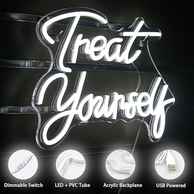 Treat Yourself Neon Signs White Led Sign for Bedroom Wall Letter Neon Lights Wedding Signs Neon Room Decor for Birthday Gift Party Home Decor Bar