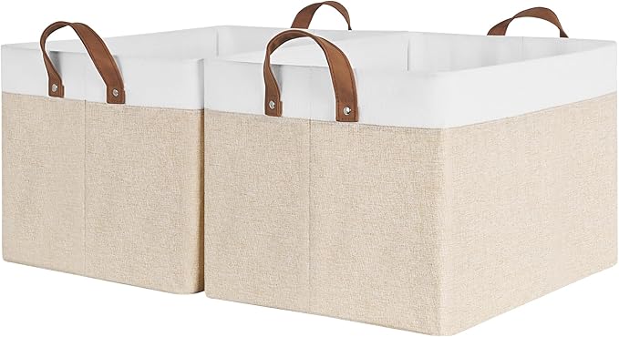 StorageWorks Storage Bins, Fabric Storage Bins for Shelves, Extra Large Storage Baskets with Metal Frame, Closet Baskets and Bins with Handles, Jumbo, Brown and White, 2-Pack