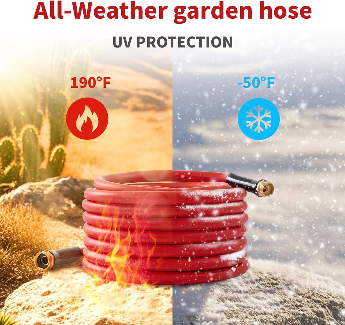 Garden Hose 50 ft x 5/8” Hot/Cold Water Hose,-50°F to 190°F,Burst 600Psi Flexible & Lightweight Upgraded Rubber Hoses,3/4” Solid Fittings for All-weather Outdoor Lawn & Garden