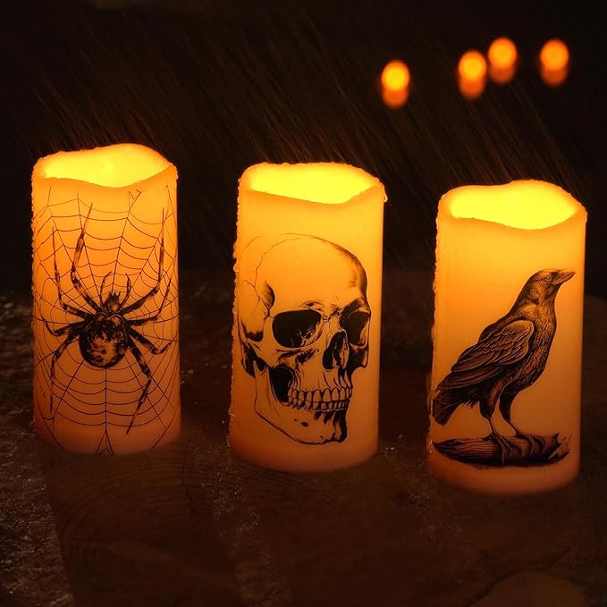 Homemory Halloween Candles, Color Changing Flameless Candle, Battery Opeated Candle, Outdoor Waterproof Plastic Candle with Remote and Timers, Skull, Crow, Spider, 13 Colors, Set of 3