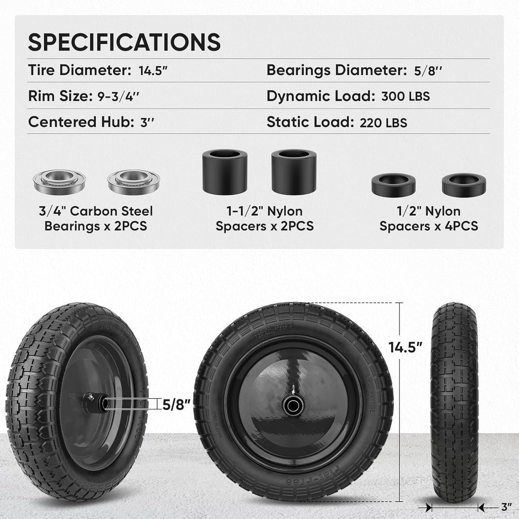 TICONN 4.80/4.00-8 Tire, 14.5" Flat Free Wheelbarrow Tire and Wheel, Solid Replacement Tires with 3" Centered Hub, 5/8" 3/4" Bearings, Universal Fit 4.80/4.00-8, 3.50/3.00-8, 4.00-6 (Black)