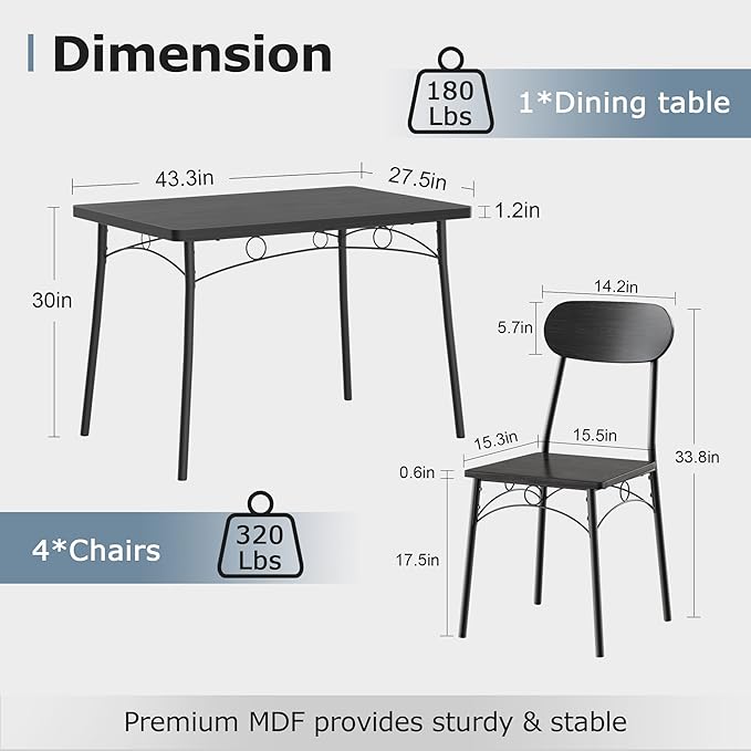 VECELO Dining Table Set for 4, 5-Piece Kitchen Table with 4 Chairs, MDF Board Tabletop with Metal Frame for Small Space, Compact Dinette, Breakfast Nook, Black