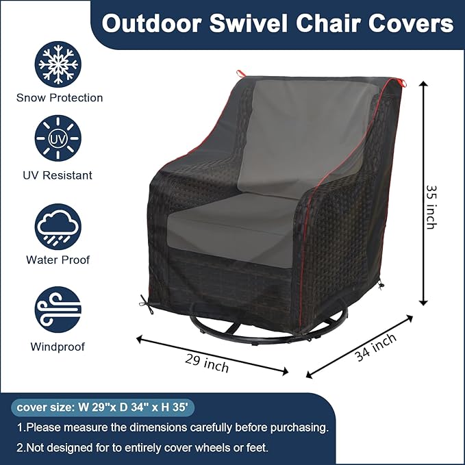 Patio Chair Covers (29" W x 34" D x 35" H) Patio UV Resistant Waterproof Furniture Covers with Red Pull Rings for Easy Use and Storage (1 Pack, Black)
