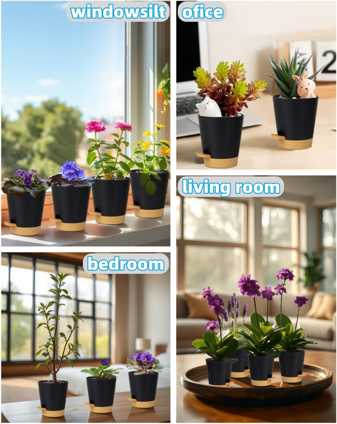 12 Pack 4 Inch Self Watering Plant Pots with Drainage and Saucers，Plastic Flower Pots for Indoor and Outdoor Plants, Nursery Planters for Houseplants and Herbs Black Brown, 4 inch 12pcs