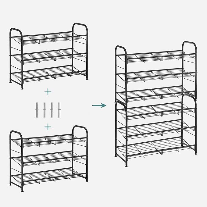 SONGMICS Shoe Rack, 3 Tier Shoe Organizer for Closet, Holds up to 12 Pairs of Shoes, Shoe Rack for Front Door Entrance, Metal Shoe Shelf with Adjustable Tilt Angle, for Entryway, Garage, Black