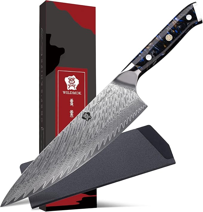 WILDMOK Chef Knife,8 inch Damascus Japanese Chef Knife,Japanese VG10 Steel Black Resin Handle kitchen knives,Japanese Damascus Kitchen Cooking chef's knives