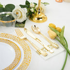 WELLIFE 350Pcs Gold Dinnerware Sets, Plates and Napkins Party Supplies Include:50 Dinner Plates, 50 Dessert Plates, 50 Paper Napkins, 50 Cups, 50 Gold Plastic Cutlery Set