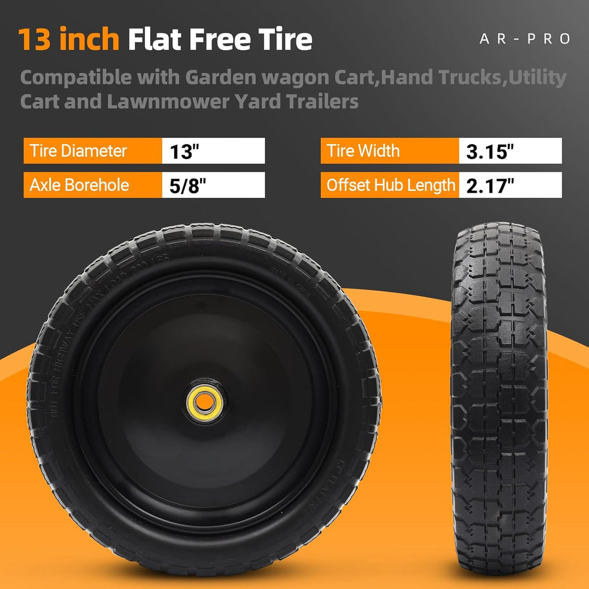 AR-PRO (4-Pack) 13" Flat Free Tire and Wheel - with 5/8" Axle Bore Hole, 2.17" Offset Hub - 13 lnch Solid Wheels Compatible with Garden wagon Cart,Hand Trucks,Utility Cart and Lawnmower Yard Trailers