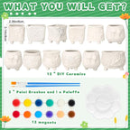 Hushee 12 Sets Ceramic Succulent Planters Paintable Succulent Plant Pots Small DIY Figurines Unpainted Pots with Drainage Hole Color Paints Paintbrushes Palettes