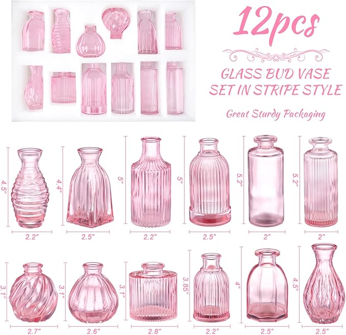 Pink Vase, Bud Vases Set of 12, Small Pink Glass Vases for Flowers Modern Ribbed Glass Bud Vase for Decor Wedding Flower Vase in Bulk Vintage Decor Bridal Shower Centerpieces Home Table Decoration