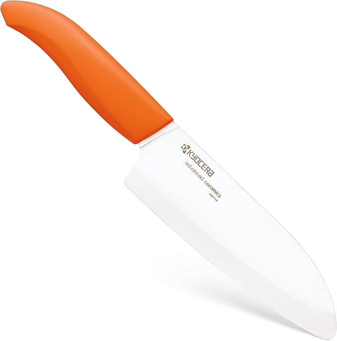 Kyocera’s Revolution Series 5.5” Ceramic Santoku Knife, Chef Knife For Your Cooking Needs, Orange Handle, White Blade