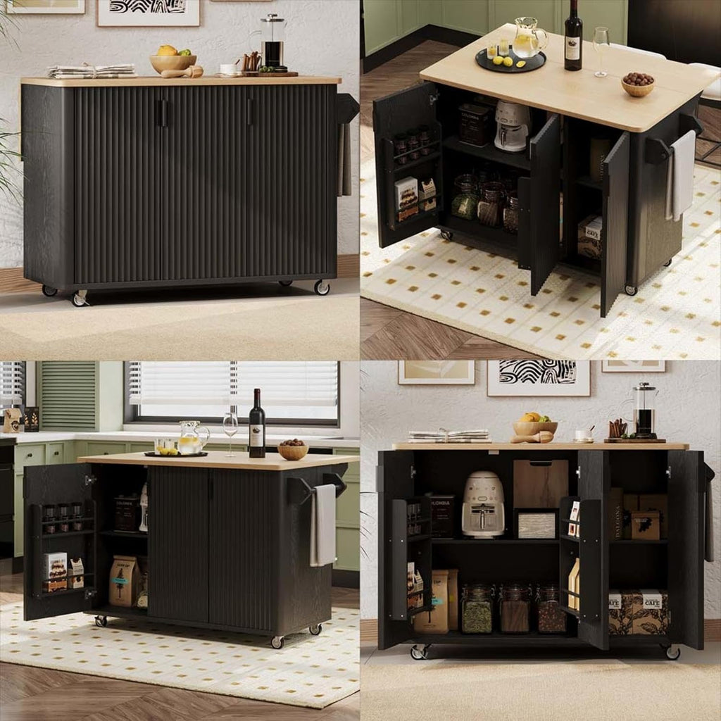 Kitchen Table with Storage with Drop Leaf Height-Adjustable Shelves, Island Kitchen with Wheels Towel Rack， for Kitchen, Dining Room, Black