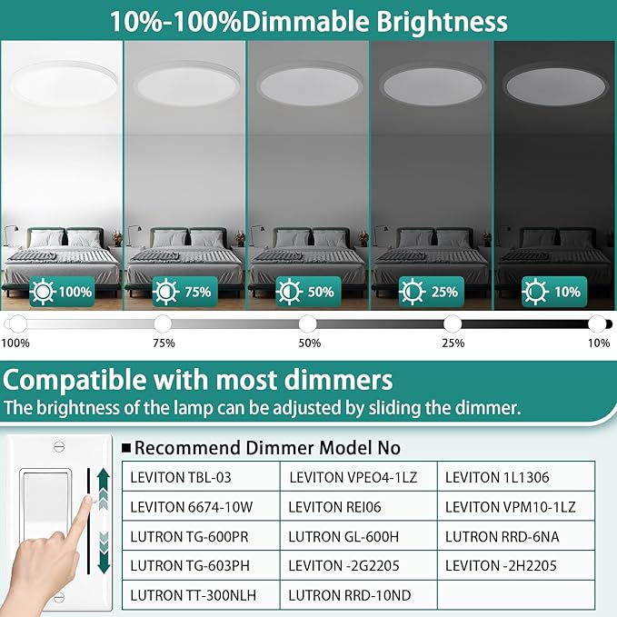 16'' Dimmable LED Ceiling Light Fixture, Ultra Thin Flush Mount, 28W 2800Lumen, 3 Color Changeable, Round, White, for Dining Room, Kitchen, Bedroom, Office, Hotel