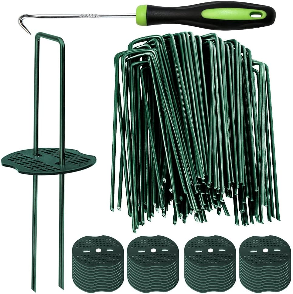 Bakulyor 200pcs Green Artificial Turf Stakes Staples + 200pcs Buffer Washer, 6 Inch 11 Gauge Landscape Staples, Galvanized Lawn Spikes, Heavy Duty Yard Ground Pin for Grass Weed Barrier Sod Fabric