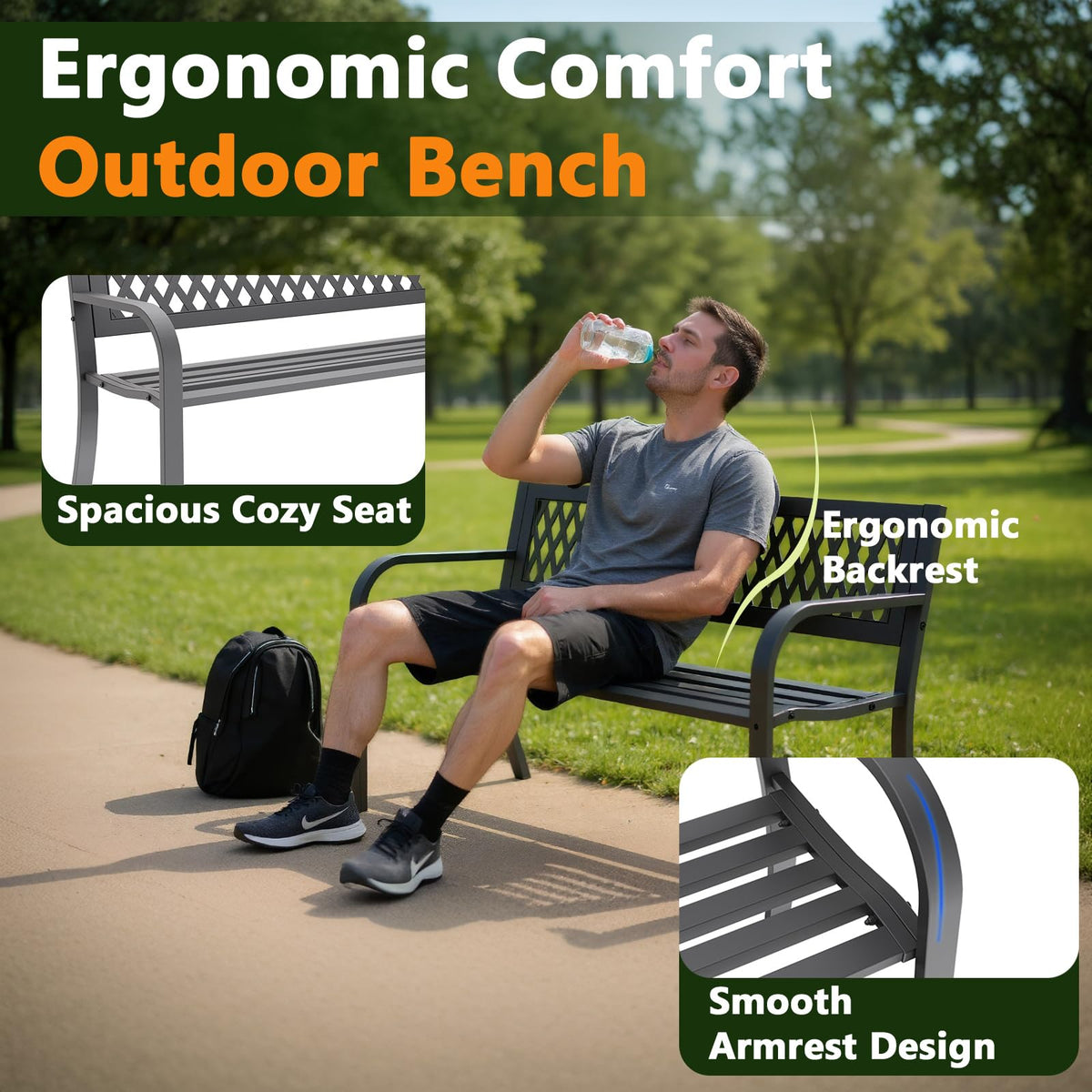 MAKE CHANGES Outdoor Bench, Garden Patio Park Entryway Metal Bench with Comfortable Backrest, Sturdy Heavy Duty Loveseat Front Porch Backyard Lawn Furniture for Outside