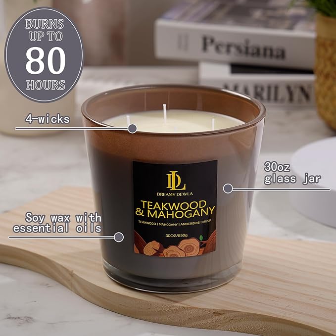 Teakwood & Mahogany Scented Candle, Large 30oz Natural Soy Candles, 4-Wick 80 Hour Burn Time, Home Fragrance Candles Housewarming Gift for Women Men