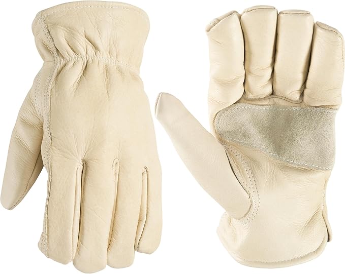 Wells Lamont Leather Work Gloves for Men – Grain Cowhide, Reinforced Palm – Ideal for Construction, Farming, Ranching – Ergonomic Fit, Keystone Thumb, Elasticized Wrist – Beige, X-Large (1130XL)
