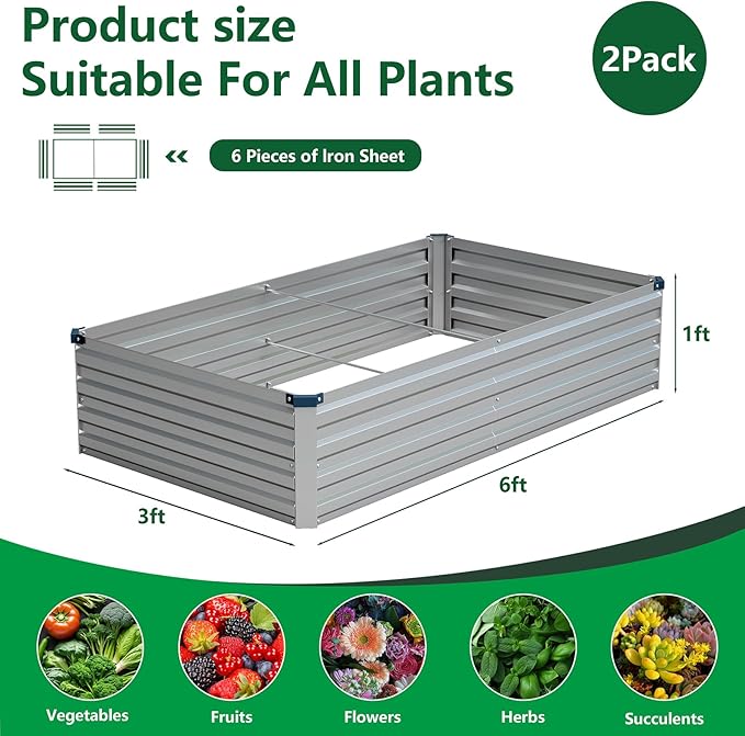 Vengarus 6x3x1FT (2 Pack) Galvanized Raised Garden Bed Kit, Outdoor Metal Planter Box for Vegetables, Rectangular Steel Container, Easy Assembly (Silver)