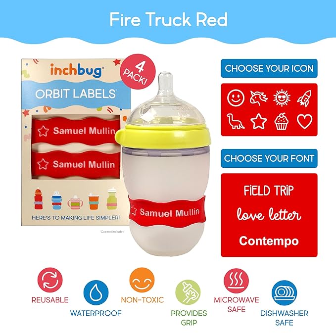 InchBug Orbit Labels - Baby Bottle Name Labels for Daycare, Sippy Cup Bands - Engraved Silicone, Reusable, Dishwasher Safe, White Contrasting Personalization, 4-Pack (Fire Truck Red)