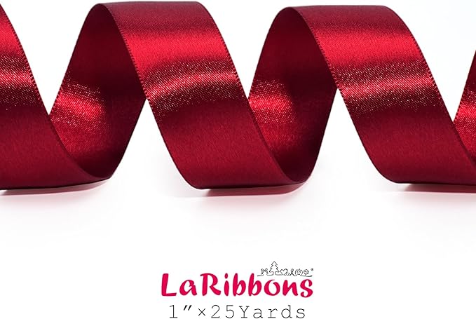 LaRibbons Burgundy Satin Ribbon 1 Inch 25 Yards Luxury Double Faced Dark Red Silk Ribbon for Flower Bouquet Crafts Gift Wrapping Wedding Party Christmas Decoration