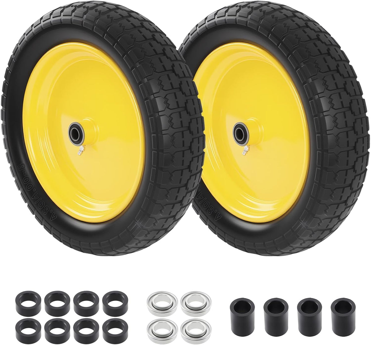 HQPASFY 2 Pack 16" Flat Free Tire 4.80/4.00-8 Wheelbarrow Tire and Wheel, 3" Centered Hub, 5/8" & 3/4" Bearings Replacement for Wheelbarrows, Garden Carts, Dump Carts, Lawn Equipment