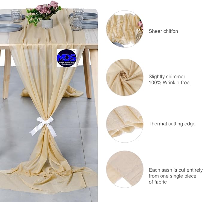 MDS Halloween Chiffon Table Runner - 10 Pack, 29 x 170 Inches, 14ft Each - Sheer Spooky Table Runners for Haunted House Parties, Trick-or-Treat Tables, Witchy Décor, Wedding & Events - Champagne Gold