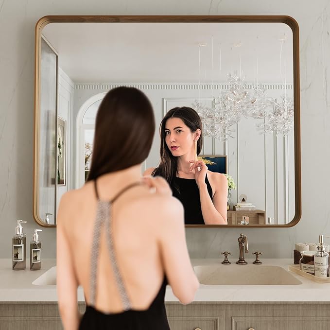 LOAAO 40X36 Inch Bathroom Mirror with Wood Grain Colored Metal Frame, Rounded Rectangle Metal Framed Bathroom Mirror, Anti-Rust, Hangs Horizontally or Vertically, Tempered Glass