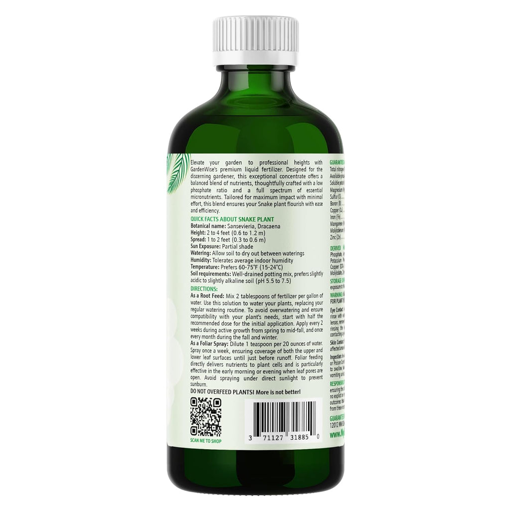 3-1-2 Liquid Fertilizer Concentrate with Micronutrients - Ideal Snake Plant Food for Sansevieria (Dracaena trifasciata), Indoor Plant Care (32 OZ)